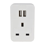 Mercury UK to EU travel adaptor in white with a front UK 3-pin socket and twin USB-A ports rated 5V 2.4A, shown on a plain background.