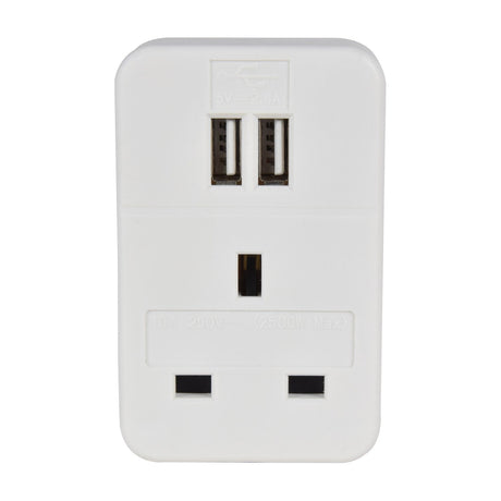 Mercury UK to EU travel adaptor in white with a front UK 3-pin socket and twin USB-A ports rated 5V 2.4A, shown on a plain background.