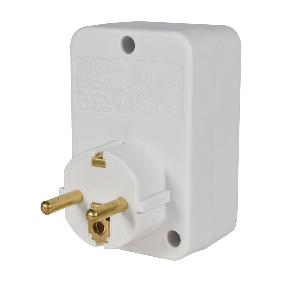 Rear view of the Mercury UK to EU travel adaptor in white, showing the Schuko plug pins and moulded specification label on the ABS housing.