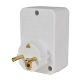 Rear view of the Mercury UK to EU travel adaptor in white, showing the Schuko plug pins and moulded specification label on the ABS housing.