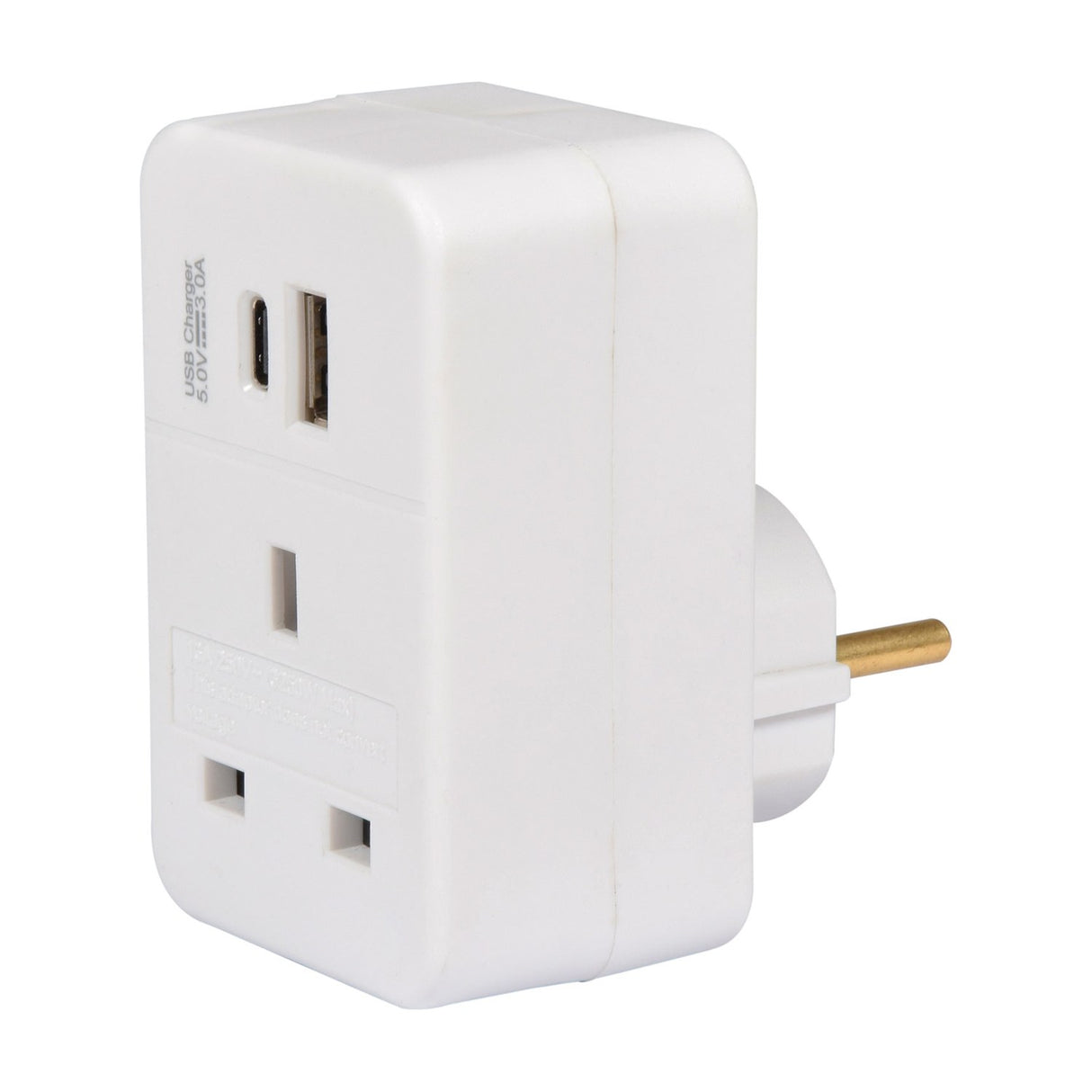 Mercury UK to EU white travel adaptor with USB-A and USB-C ports, 13A pass-through socket, and Schuko pins, shown on a plain background.