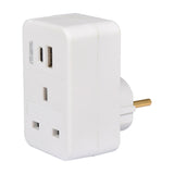 Mercury UK to EU white travel adaptor with USB-A and USB-C ports, 13A pass-through socket, and Schuko pins, shown on a plain background.