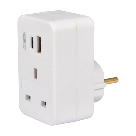 Mercury UK to EU white travel adaptor with USB-A and USB-C ports, 13A pass-through socket, and Schuko pins, shown on a plain background.