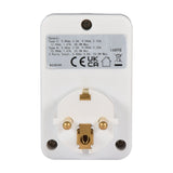 Rear view of the Mercury UK to EU travel adaptor in white, showing Schuko pins, brass earth clip and specification label with CE and UKCA markings.