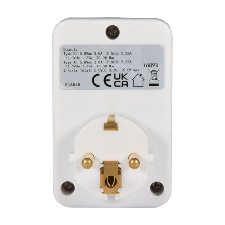 Rear view of the Mercury UK to EU travel adaptor in white, showing Schuko pins, brass earth clip and specification label with CE and UKCA markings.