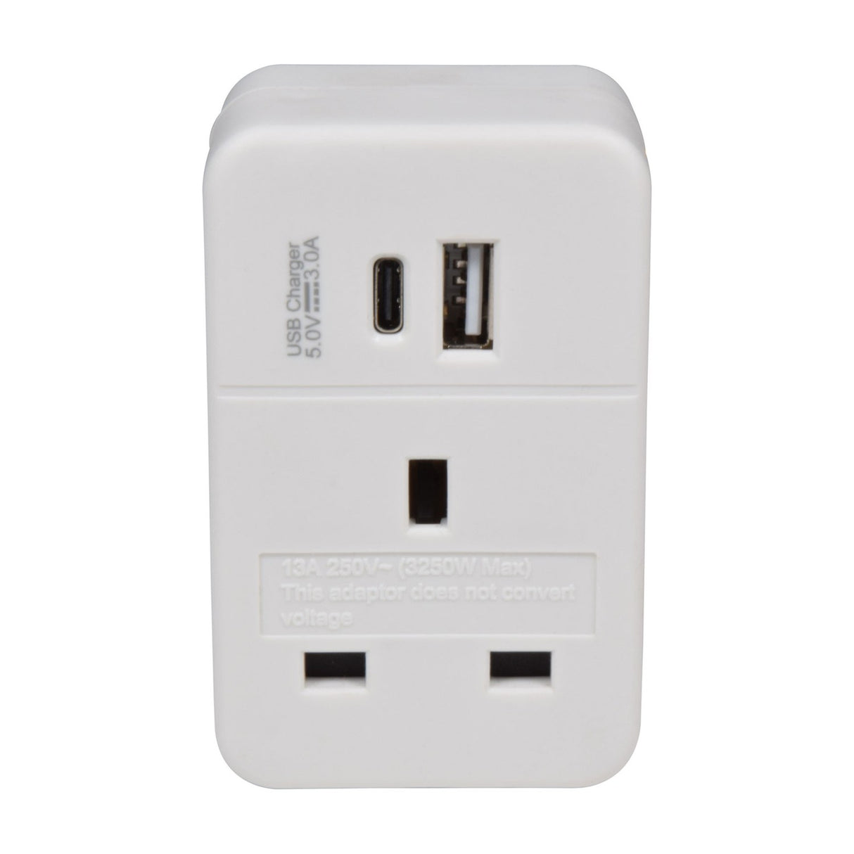 Mercury UK to EU travel adaptor in white with USB-A and USB-C charging ports above a UK 13A pass-through socket, shown on a plain white background.