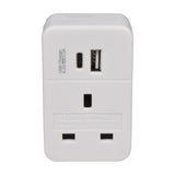 Mercury UK to EU travel adaptor in white with USB-A and USB-C charging ports above a UK 13A pass-through socket, shown on a plain white background.