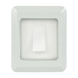 Mercury IP55 1 gang 2 way white weatherproof outdoor switch with transparent PVC rocker cover, shown on a plain white background.