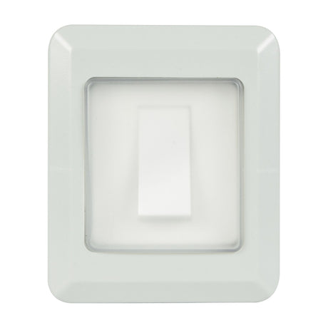 Mercury IP55 1 gang 2 way white weatherproof outdoor switch with transparent PVC rocker cover, shown on a plain white background.