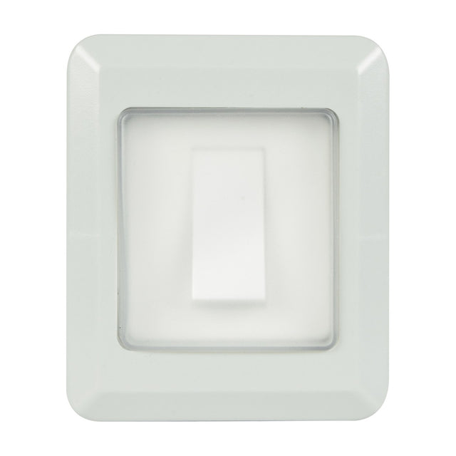 Mercury IP55 1 gang 2 way white weatherproof outdoor switch with transparent PVC rocker cover, shown on a plain white background.