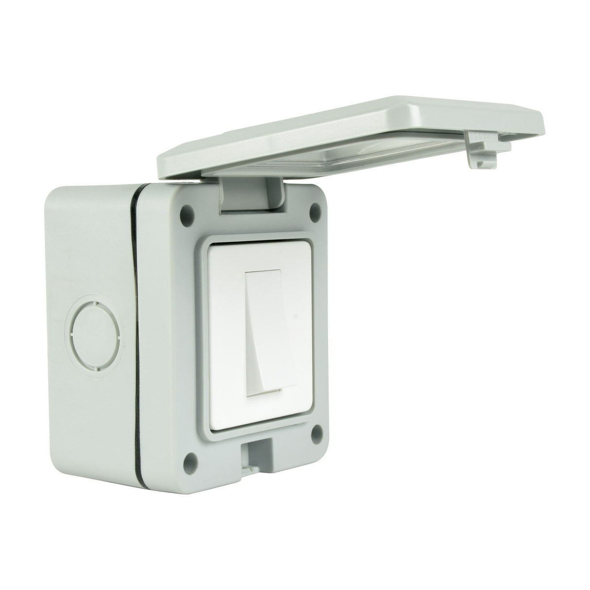 Mercury IP55 1 gang 2 way white switch with transparent hinged cover lifted open, showing rocker and cable gland knockout, on a plain background.
