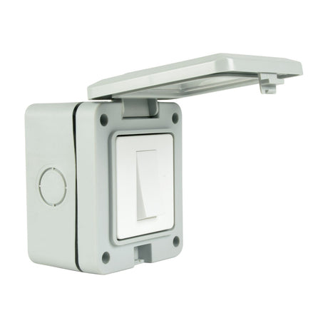 Mercury IP55 1 gang 2 way white switch with transparent hinged cover lifted open, showing rocker and cable gland knockout, on a plain background.