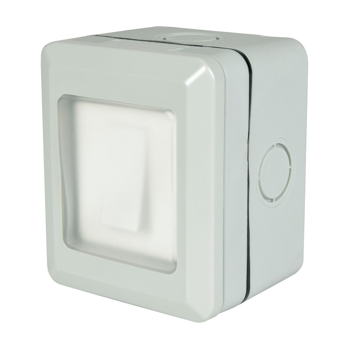 Mercury IP55 1 gang 2 way switch by AVSL in white PVC housing with transparent rocker cover and side M20 cable gland knockout.