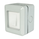 Mercury IP55 1 gang 2 way switch by AVSL in white PVC housing with transparent rocker cover and side M20 cable gland knockout.