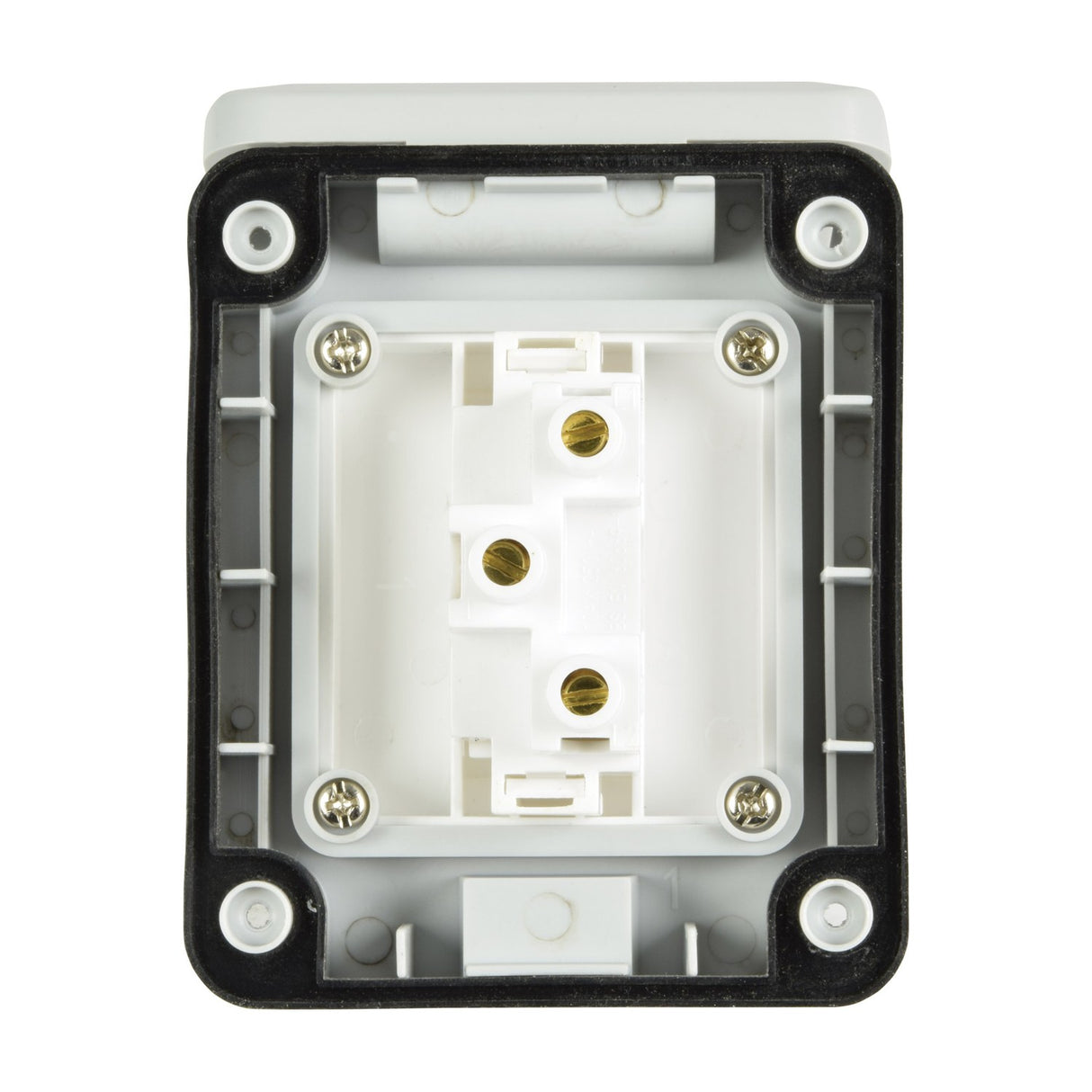 Rear interior view of the AVSL Mercury IP55 1 gang 2 way switch showing white PVC housing, brass terminal screws, and black gasket seal.