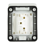 Rear interior view of the AVSL Mercury IP55 1 gang 2 way switch showing white PVC housing, brass terminal screws, and black gasket seal.