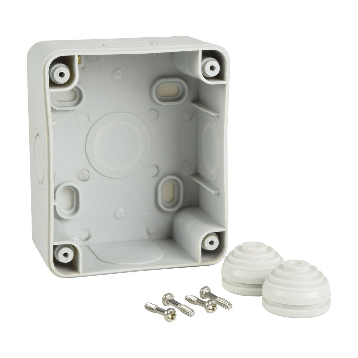 Open white PVC housing of the Mercury IP55 1 Gang 2 Way Switch with M20 knockouts, shown alongside two rubber cable glands and mounting screws.