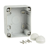 Open white PVC housing of the Mercury IP55 1 Gang 2 Way Switch with M20 knockouts, shown alongside two rubber cable glands and mounting screws.