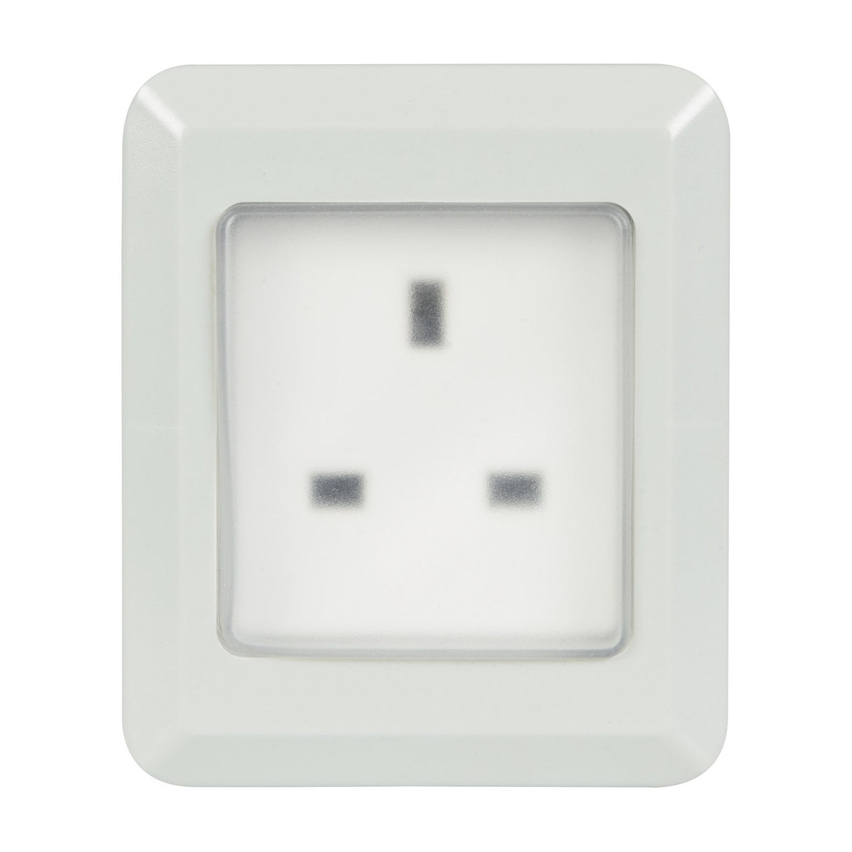 AVSL Mercury IP55 1 gang weatherproof socket in white PVC casing with transparent hinged cover over a UK three-pin outlet, on a plain background.