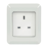 AVSL Mercury IP55 1 gang weatherproof socket in white PVC casing with transparent hinged cover over a UK three-pin outlet, on a plain background.