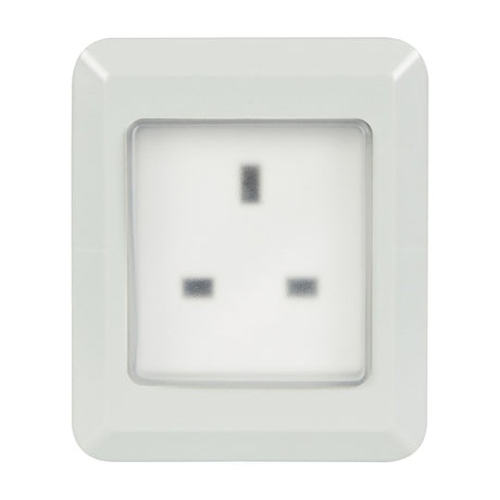 AVSL Mercury IP55 1 gang weatherproof socket in white PVC casing with transparent hinged cover over a UK three-pin outlet, on a plain background.