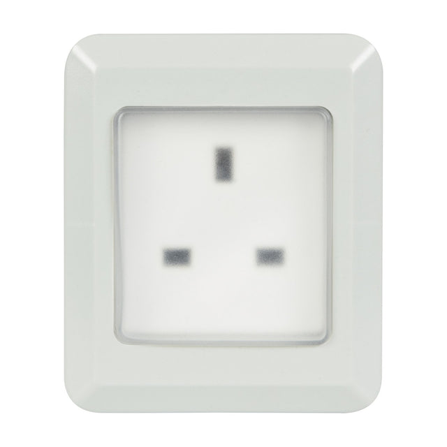 AVSL Mercury IP55 1 gang weatherproof socket in white PVC casing with transparent hinged cover over a UK three-pin outlet, on a plain background.