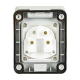 Rear view of the Mercury IP55 1 Gang Weatherproof Socket by AVSL, showing white PVC casing interior with L and N terminals and mounting screws.