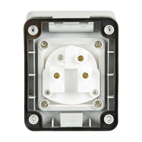 Rear view of the Mercury IP55 1 Gang Weatherproof Socket by AVSL, showing white PVC casing interior with L and N terminals and mounting screws.