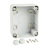AVSL Mercury IP55 1 gang weatherproof socket white PVC back box interior shown with M20 cable glands and mounting screws on a plain white background.