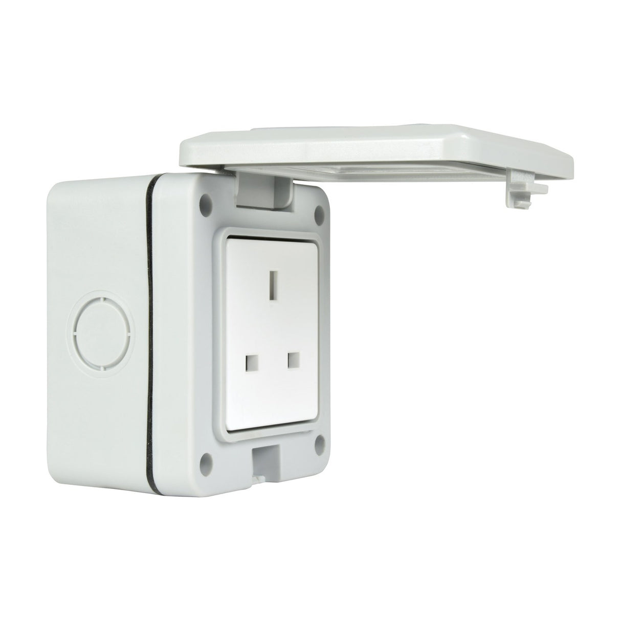 Mercury IP55 1 gang weatherproof socket in white PVC with hinged cover raised open, shown on a plain white background.