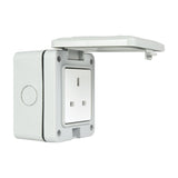 Mercury IP55 1 gang weatherproof socket in white PVC with hinged cover raised open, shown on a plain white background.