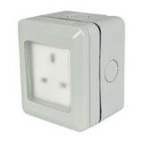 Mercury IP55 1 gang weatherproof socket by AVSL in white PVC casing with hinged transparent cover and side M20 cable gland knockout.