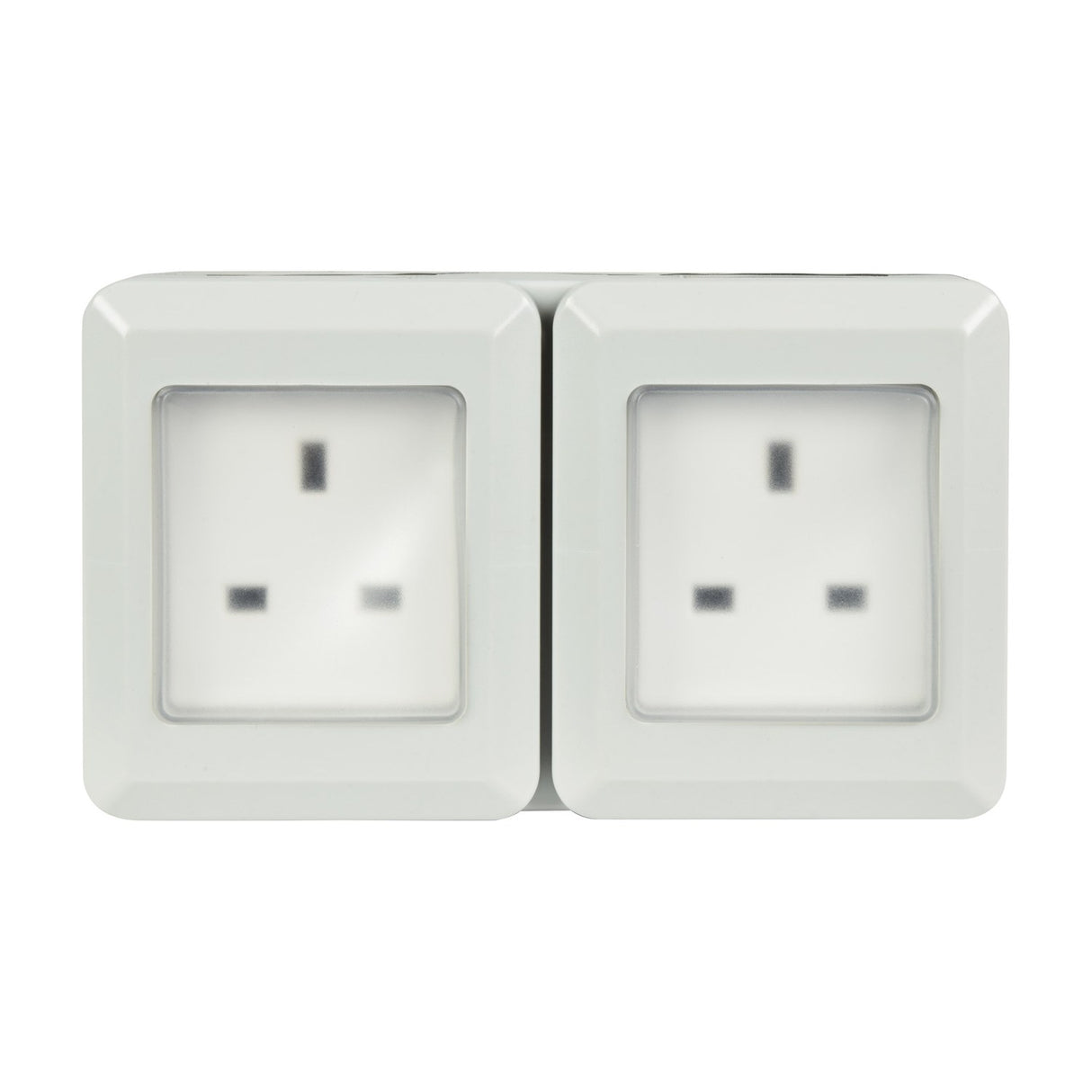 Mercury IP55 2 gang weatherproof socket in white PVC with transparent hinged covers over two UK outlets, shown on a plain white background.