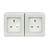 Mercury IP55 2 gang weatherproof socket in white PVC with transparent hinged covers over two UK outlets, shown on a plain white background.