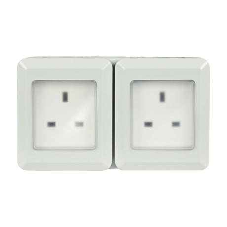 Mercury IP55 2 gang weatherproof socket in white PVC with transparent hinged covers over two UK outlets, shown on a plain white background.