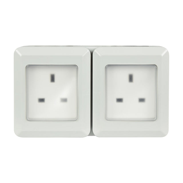 Mercury IP55 2 gang weatherproof socket in white PVC with transparent hinged covers over two UK outlets, shown on a plain white background.