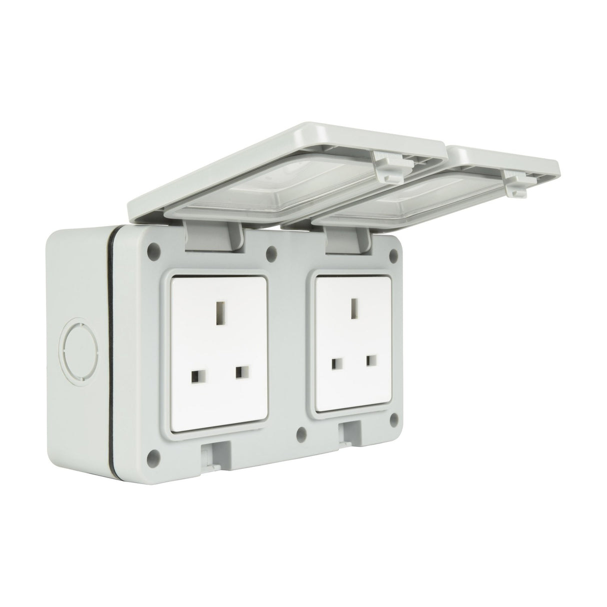 Mercury IP55 2-gang weatherproof socket by AVSL with white PVC housing and transparent hinged covers open above two UK 13A outlets.