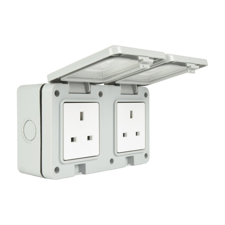 Mercury IP55 2-gang weatherproof socket by AVSL with white PVC housing and transparent hinged covers open above two UK 13A outlets.