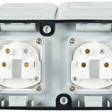 Interior view of the AVSL Mercury IP55 2 Gang Weatherproof Socket in white, showing twin 13A terminal blocks, brass contacts and mounting screws.