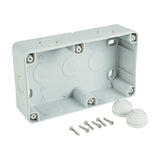 AVSL Mercury IP55 2 gang weatherproof socket back box in white PVC with two rubber cable glands and mounting screws on a plain background.
