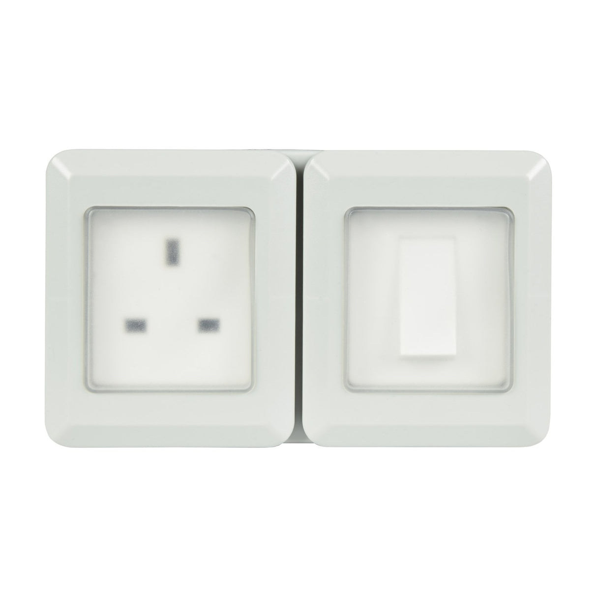 AVSL Mercury IP55 weatherproof unit in white with a 1-gang 13A switched socket and separate 10A switch behind clear covers, on a plain background.