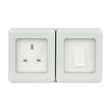 AVSL Mercury IP55 weatherproof unit in white with a 1-gang 13A switched socket and separate 10A switch behind clear covers, on a plain background.