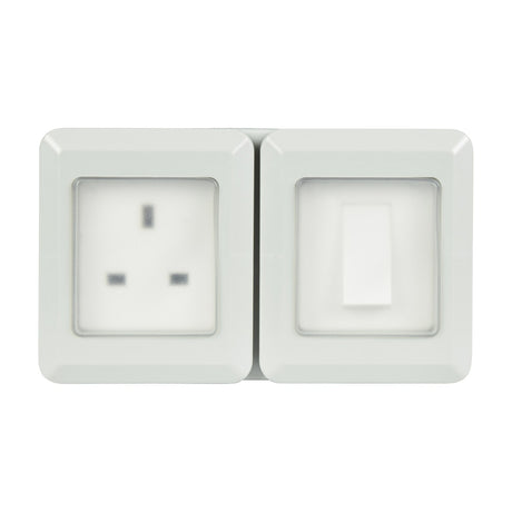 AVSL Mercury IP55 weatherproof unit in white with a 1-gang 13A switched socket and separate 10A switch behind clear covers, on a plain background.