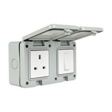 AVSL Mercury IP55 weatherproof unit with 13A socket and 1-gang switch in white behind clear hinged covers, grey polycarbonate housing on white background.