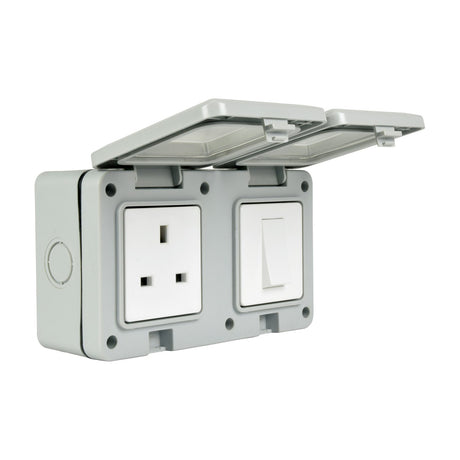 AVSL Mercury IP55 weatherproof unit with 13A socket and 1-gang switch in white behind clear hinged covers, grey polycarbonate housing on white background.