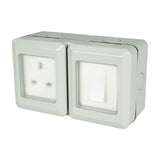 AVSL Mercury IP55 weatherproof unit in white polycarbonate with a 13A socket and 1-gang switch side by side, shown on a plain background.