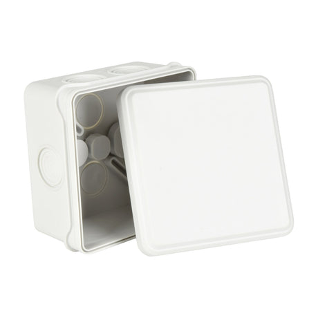 Mercury IP55 87mm weatherproof junction box in white polycarbonate with hinged lid removed, showing M20 knockouts, on a plain background.