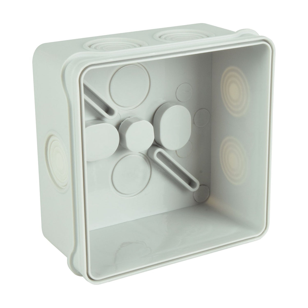 AVSL Mercury IP55 87mm weatherproof junction box in white polycarbonate, shown open with M20 knockouts around the perimeter on a plain background.