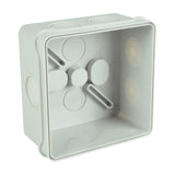 AVSL Mercury IP55 87mm weatherproof junction box in white polycarbonate, shown open with M20 knockouts around the perimeter on a plain background.