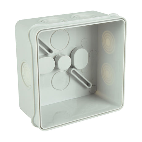 AVSL Mercury IP55 87mm weatherproof junction box in white polycarbonate, shown open with M20 knockouts around the perimeter on a plain background.